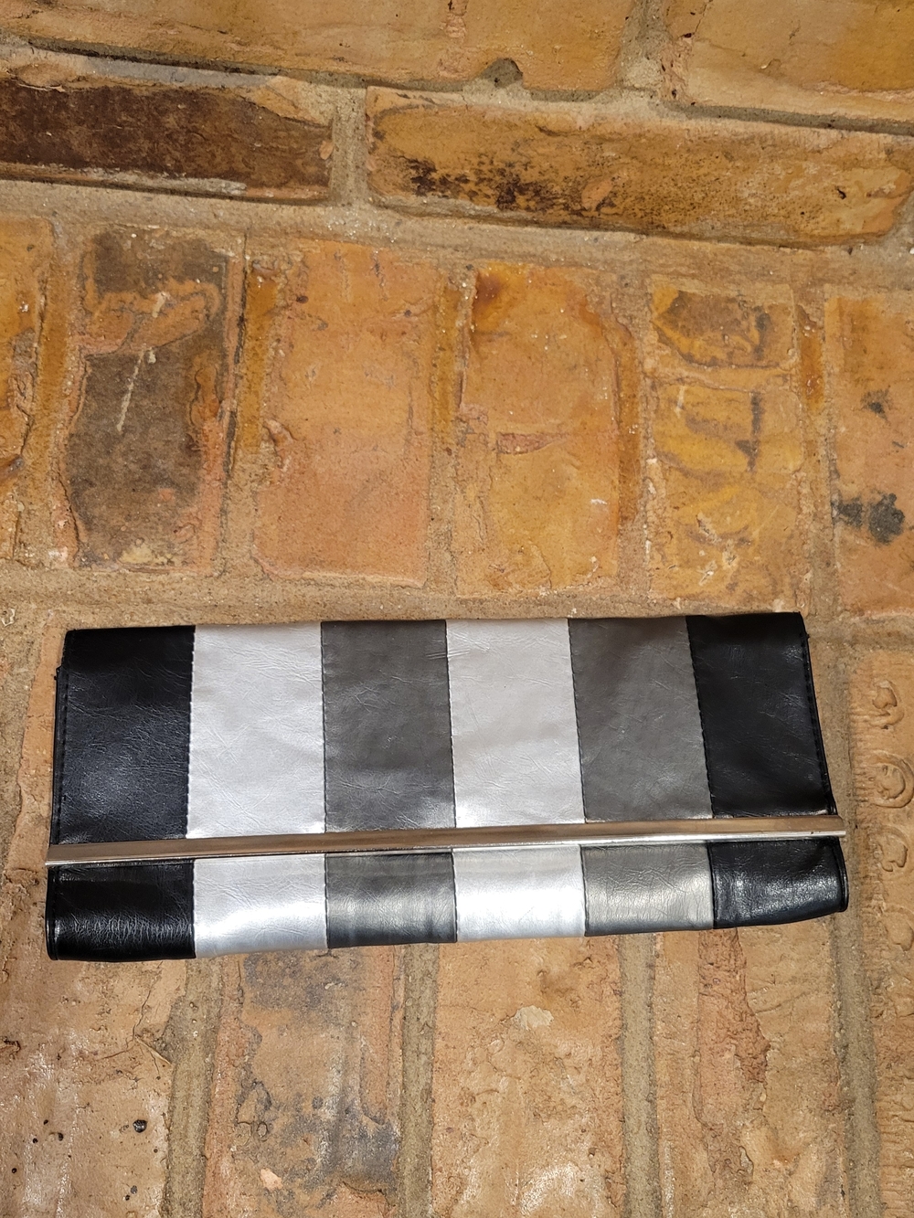 Vintage 80's Striped Black, Silver & Gray Fold-Over Clutch Wristlet